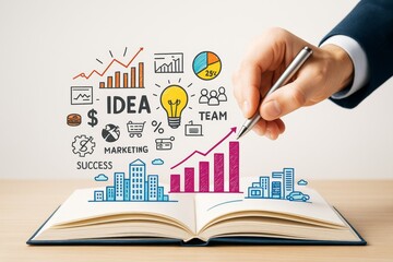 Business strategy concept with hand drawing marketing icons, bar charts, and idea elements over open book on light background. Ai generative.