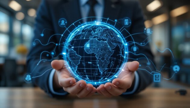 Man presenting global digital network, connecting people and devices on a glowing earth globe.