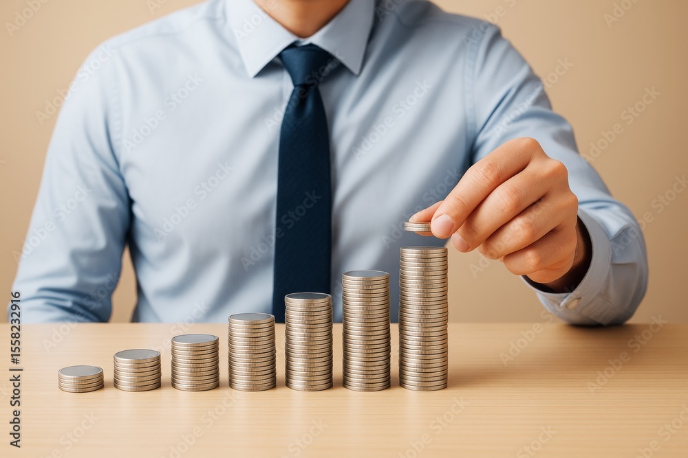 Poster businessman stacking coins in increasing columns symbolizing financial growth and investment strateg