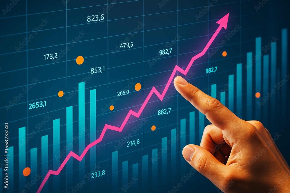 Poster hand pointing at growing financial chart with pink arrow on dark background, symbolizing business su