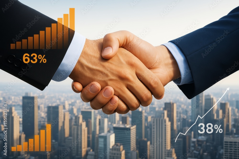 Poster business handshake over city background with growth percentage graphics and light abstract elements 
