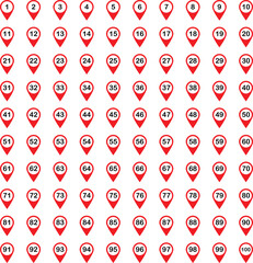 Numbered Location Pin Icons – Map Marker Symbol Set 1 to 100 – Transparent Vector
