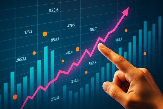 Hand pointing at growing financial chart with pink arrow on dark background, symbolizing business success and data analysis concept.