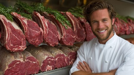 confident butcher stands in front of an array of fresh, high-quality beef cuts, displaying his craftsmanship in a lively market environment during peak hours