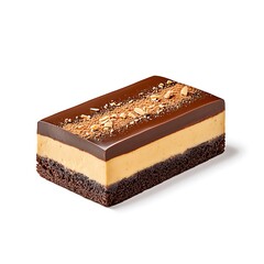 Delicious chocolate dessert slice with creamy filling and crunchy topping on a white background