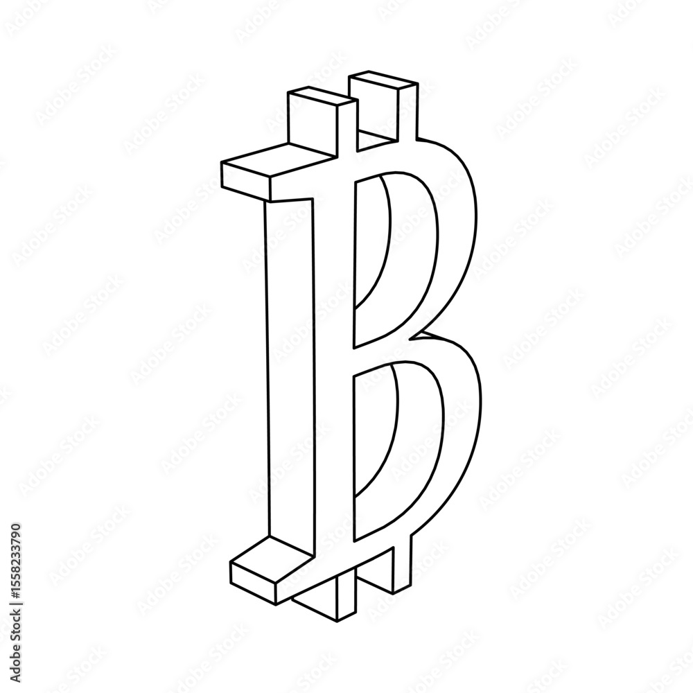 Poster the outline of a large bitcoin symbol is made with black lines. 3d view of the object in perspective