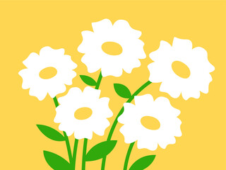 A whimsical illustration of a bouquet of white daisy flowers on a vibrant yellow background, celebrating nature's simple beauty with a playful touch.