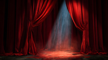 Curtain Call: A dramatic scene unfolds with vibrant red curtains framing an empty stage bathed in a single, captivating spotlight, hinting at untold stories and captivating performances.