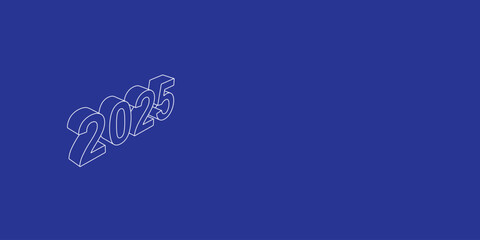 The outline of a large 2025 year symbol made of white lines on the left. 3D view of the object in perspective. Vector illustration on indigo background