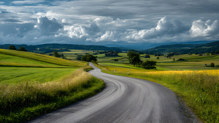 Fototapeta premium Winding country road leads through rolling green fields beneath a dramatic cloud filled sky