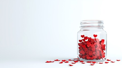 Glass jar filled with red heart shapes on a light background for love and romance themes
