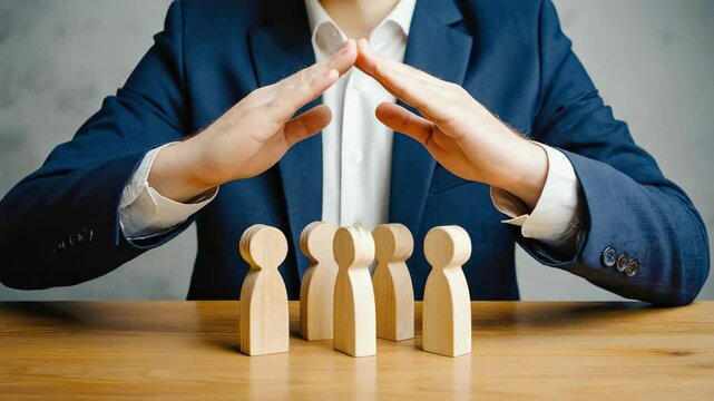 A person's hands form a protective gesture over wooden figures, representing insurance coverage and security for people.