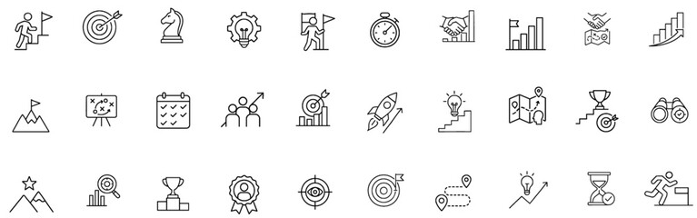 Business and Success Stroke Icon Set. Featuring Goal Planning, Strategy, Leadership, Innovation, and Productivity Symbols. Editable Outline Icons.