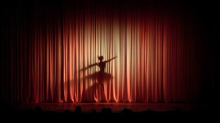 Dancing Silhouette on Stage: A captivating silhouette of a ballerina gracefully poised on a theater stage, illuminated by a single spotlight against the rich backdrop of a classic curtain.