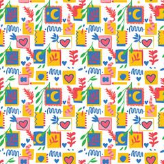 A vibrant, Matisse-inspired seamless pattern featuring paper-cut style stamps, hearts, and moons. This playful, colorful collage design is perfect for fun stationery, kids' decor, or fabric prints