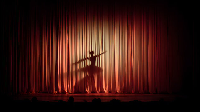 Dancing Silhouette on Stage: A captivating silhouette of a ballerina gracefully poised on a theater stage, illuminated by a single spotlight against the rich backdrop of a classic curtain. - Powered by Adobe