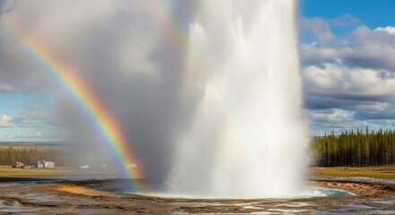 Erupting geyser with rainbow in natural landscape, geothermal area