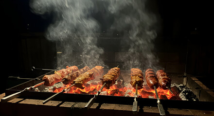Close-up of delicious meat skewers grilling over glowing coals in a dark setting