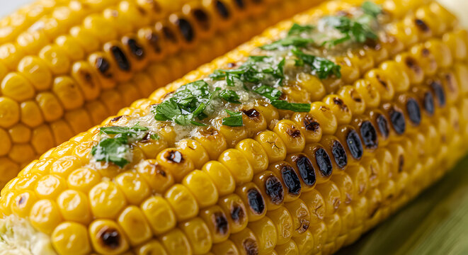 Close-up of grilled corn on the cob with butter and herbs for deliciousness - Powered by Adobe