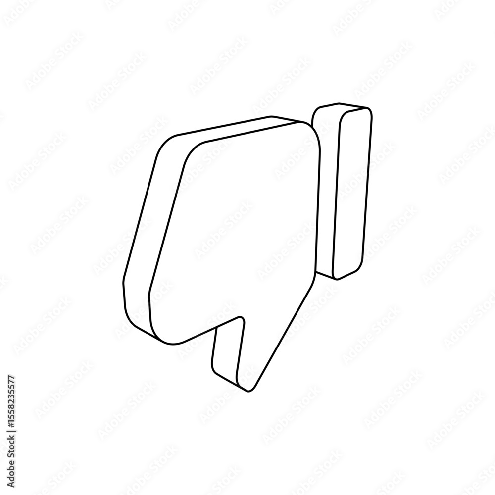 Poster the outline of a large thumb down symbol is made with black lines. 3d view of the object in perspect