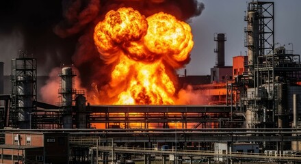 Industrial complex fire explosion with billowing smoke and flames