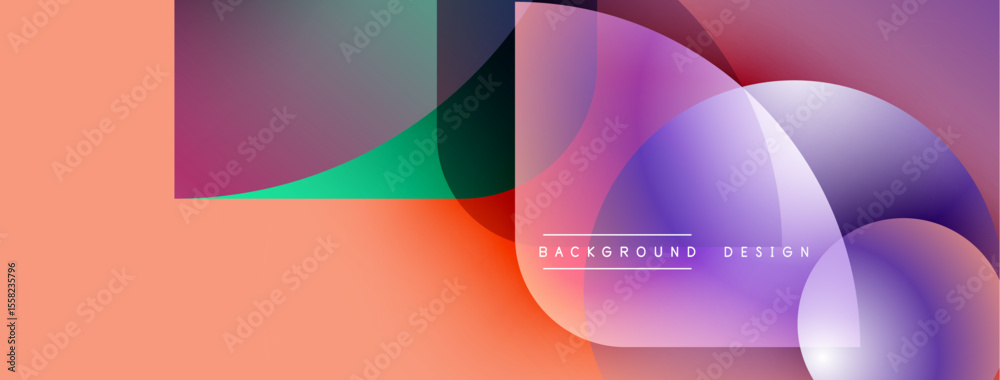 Poster abstract geometric shapes overlap, creating vibrant color gradients. peach tones dominate background