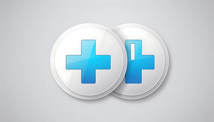 Obraz premium Two round white icons with blue plus symbols overlapping on a light gray background image design