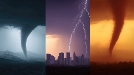 Element. Thunderstorm, tornado, lightning. Ominous black twister. Orange swirl. Powerful natural events. Disaster. Insurance