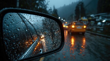 Traffic jam on storm during rainy weather. Cars stuck under rain