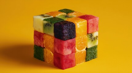 This food cube is a source of viral vitamins. Healthy snack. Pulp of: watermelon, orange, grape, kiwi. Nutrition