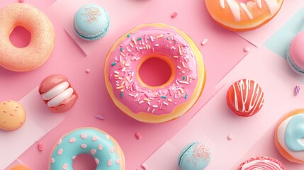 10.A whimsical collection of templates showcasing cheerful designs with bright, glossy desserts including donuts, macaroons, and cotton candy, paired with bold text areas and soft gradient backdrops.