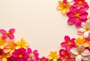 Vibrant flower petals border soft beige backdrop,  petal frame,  summer