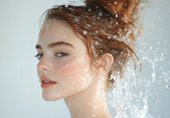 Beautiful woman with water splash around neck, white background