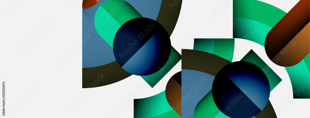 Poster Abstract geometric shapes overlap, creating vibrant color blocks. Composition features circles, curves, rectangles on white background. Modern design.