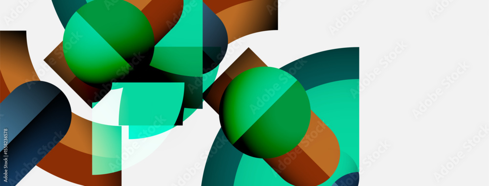 Poster abstract geometric shapes overlap, creating vibrant color contrasts. composition features circles, s