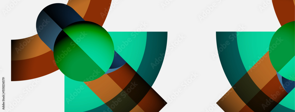 Poster abstract geometric shapes overlap, creating dynamic composition. teal, brown, green hues dominate mi