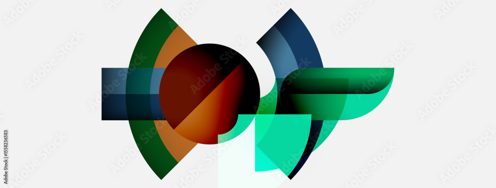 Poster Abstract shapes overlap, creating dynamic composition. Colors blend, forming interesting visual effect. Modern design, simple background.