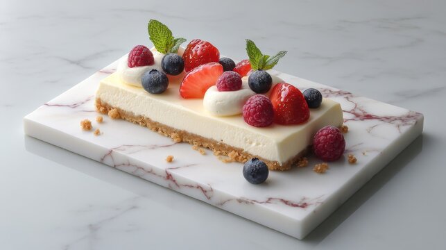 17.A contemporary plating of a deconstructed cheesecake with cream swirls, crumb clusters, and fruit spheres, elegantly displayed on a white marble slab with subtle veining.