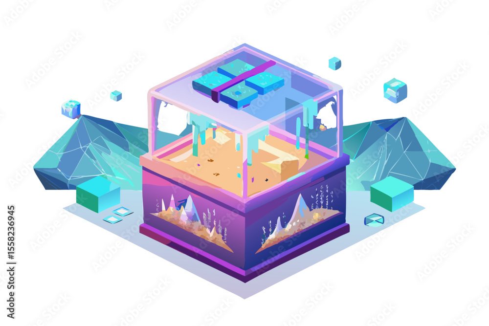 Fototapete futuristic isometric cube structure with ice and crystal elements in neon colors