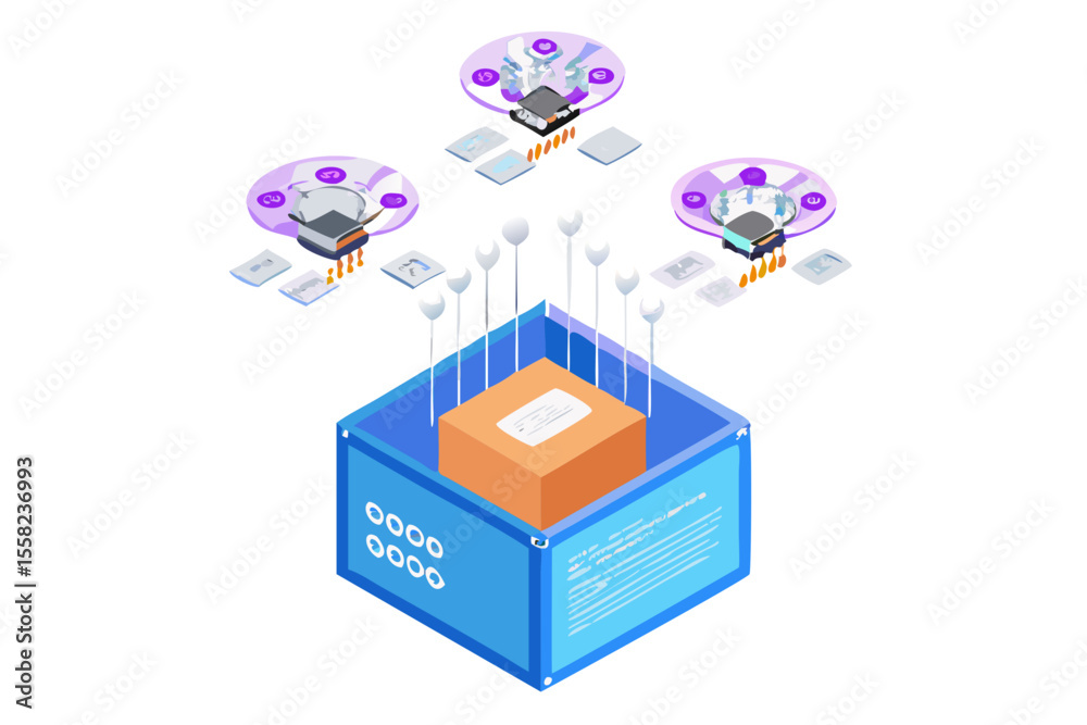 Poster Abstract isometric illustration of data processing and analysis with interconnected nodes and central processing unit