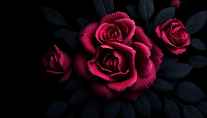 Intricate black rose floral wallpaper, velvety black background, dark romantic aesthetic,  opulent,  darkness