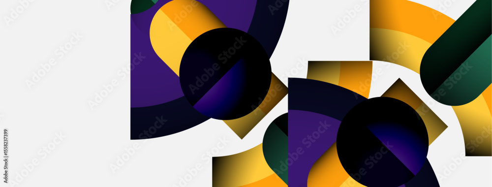 Poster abstract geometric shapes overlap, creating dynamic composition. colors include purple, orange, gree