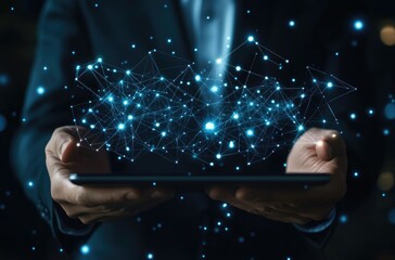 Businessman with tablet, cloud tech, data flow graph