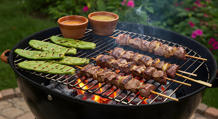 Delicious grilled food on a barbecue with skewers, cactus, and sauces ready to eat