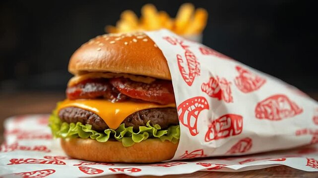 Classic fast food cheeseburger combo meal, wrapped in branded paper