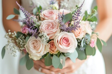 Obraz premium Bride's hand with pastel bouquet, white background