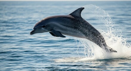 Jumping dolphin in the sea with water splashes on a sunny day.