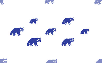 Seamless pattern of large isolated blue raccoon symbols. The pattern is divided by a line of elements of lighter tones. Illustration on light transparent background