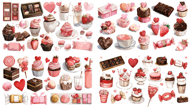 A collection of watercolor Valentine desserts and sweets, featuring cupcakes, chocolates, candies, and heart-themed treats in pink and red tones.

