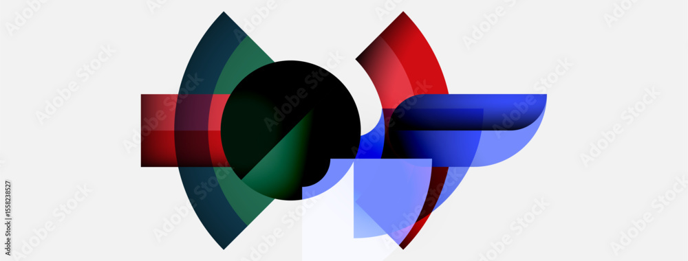 Poster Abstract shapes overlap, creating dynamic composition. Colors blend, forming interesting visual effect. Minimalist design, modern aesthetic.